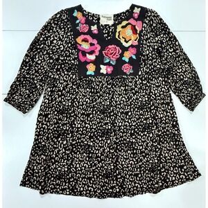 Savanna Jane Mini Dress Animal Print Floral Embroidered 3/4 Sleeves Size M (228)